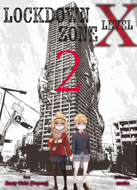 „LOCKDOWN ZONE X LEVEL 2“ in großen Buchstaben, zwei Kinder im Vordergrund, ein Hochhaus im Hintergrund.