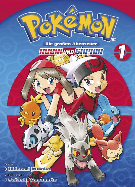 Logo „Pokémon“, Titel „Die großen Abenteuer: Rubin und Saphir 1“. Zwei fröhliche Figuren mit verschiedenen Pokémon.