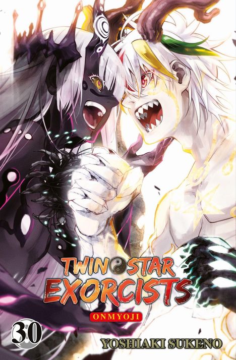 „Twin Star Exorcists Onmyoji“ und „Yoshiaki Sukeno“. Zwei kämpfende Figuren mit Hörnern und weißen Haaren, Bildband 30.