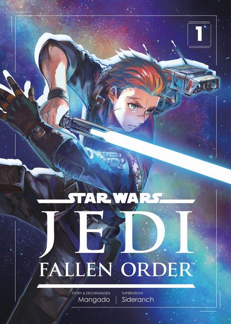 Oben steht "Star Wars Jedi: Fallen Order". Illustration: Figur mit Lichtschwert vor buntem Weltraumhintergrund.