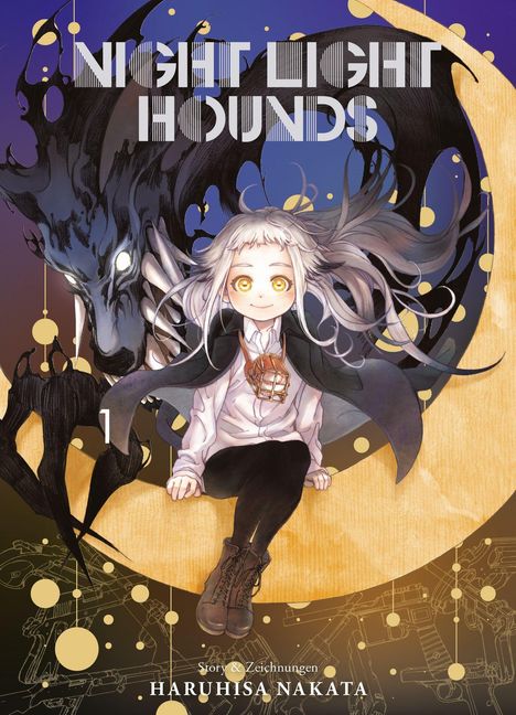 "NIGHT LIGHT HOUNDS." Ein Kind mit weißen Haaren, sitzt auf einem goldenen Halbmond, daneben ein schwarzes Wesen.