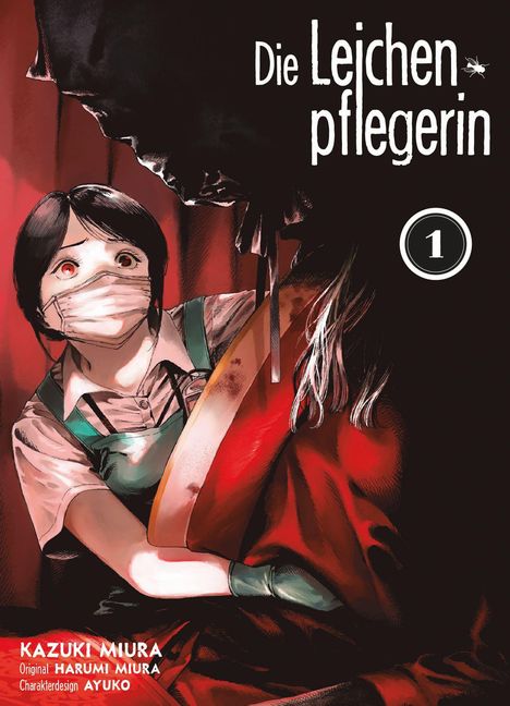 Text: "Die Leichenpflegerin", "1". Illustration: Frau mit Maske und Schürze fasst eine rote Gestalt an.