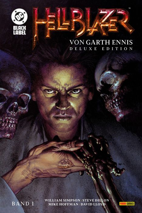 „HELLBLAZER VON GARTH ENNIS DELUXE EDITION“ steht in feurigem Schriftzug über einem entschlossenen Gesicht, flankiert von Totenköpfen.