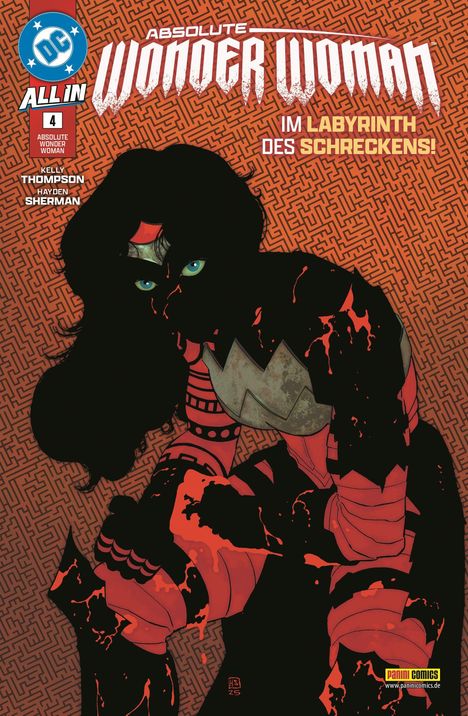 „Absolute Wonder Woman: Im Labyrinth des Schreckens!“ Illustration von Wonder Woman mit dunklem Hintergrund.