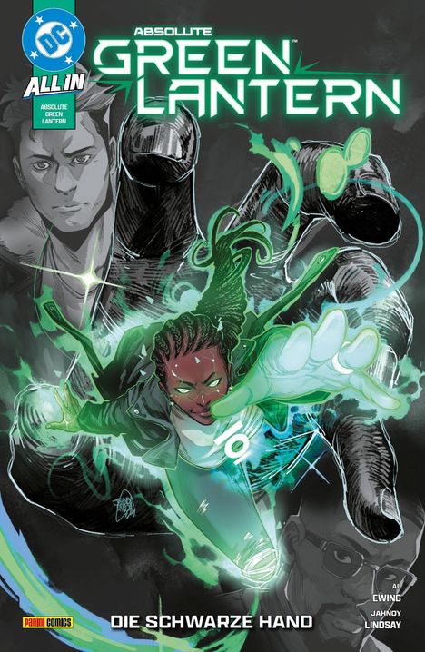 „ABSOLUTE GREEN LANTERN: DIE SCHWARZE HAND“ steht im Vordergrund über einer dynamischen Illustration.