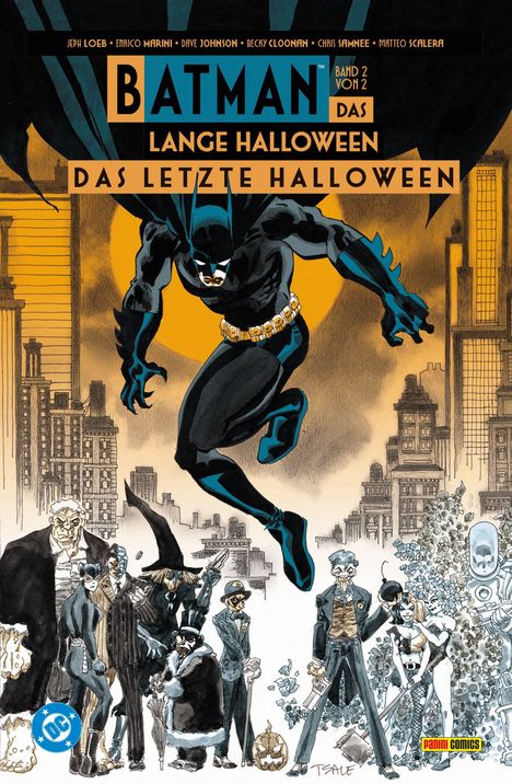 "Batman: Das lange Halloween - Das letzte Halloween, Band 2 von 2." Illustration von Batman, der über eine Gruppe Schurken springt.