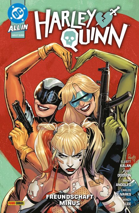 "Harley Quinn", "FREUNDSCHAFT MINUS". Drei Frauen, bunte Kleidung, Waffen, machen Herz mit Händen. Comic-Stil.