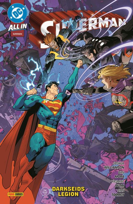Oben links: "DC ALL IN SUPERMAN". Unten: "DARKSEIDS LEGION". Superman kämpft gegen drei Gegner im Weltraum.