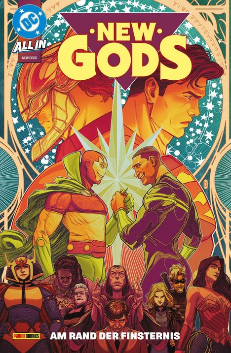 "NEW GODS", "ALL IN", "AM RAND DER FINSTERNIS". Illustration von Helden in actionreicher Pose, leuchtende Farben.