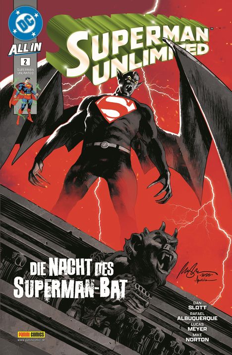 „Die Nacht des Superman-Bat“, dunkle Gestalt mit Flügeln, Blitze im Hintergrund, gotische Architektur-Elemente.
