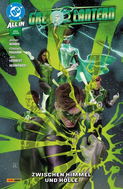 Titel: "Green Lantern". Namen: Jeremy Adams, Fernando Pasarin, Jack Herbert, Xermánico. Szene: Helden in grünen Anzügen, Weltraumhintergrund.