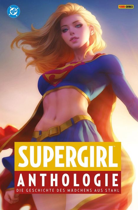 „SUPERGIRL ANTHOLOGIE – Die Geschichte des Mädchens aus Stahl“. Illustration von Supergirl im blauen Anzug mit rotem Umhang.