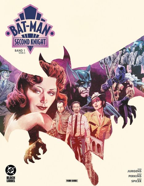 "BAT-MAN SECOND KNIGHT", Band 1 von 3, zeigt Batman und weitere Figuren in einem Art-Deco-Stil.