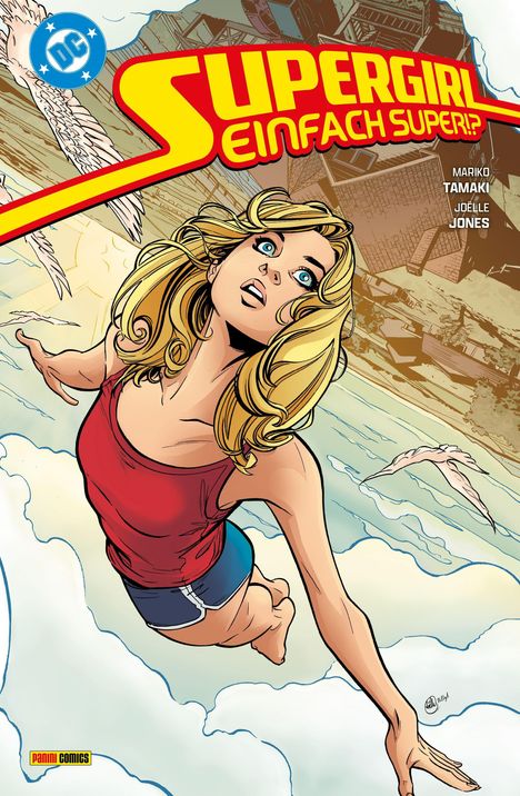„SUPERGIRL EINFACH SUPER!?“ Illustration: Junge Frau mit blonden Haaren, fliegt im Himmel, Hintergrund aus Wolken und Gebäuden.