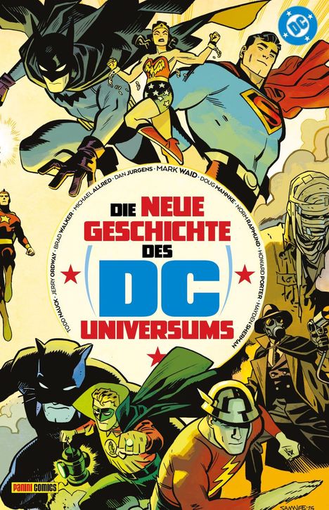 Text: "Die neue Geschichte des DC Universums." Comic-Illustration mit bekannten Superhelden in Aktion. Benutzerdefiniert durch lebendige Farben.