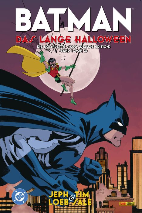 "BATMAN DAS LANGE HALLOWEEN" in großen Lettern. Batman und Robin vor Vollmond über Stadt. 