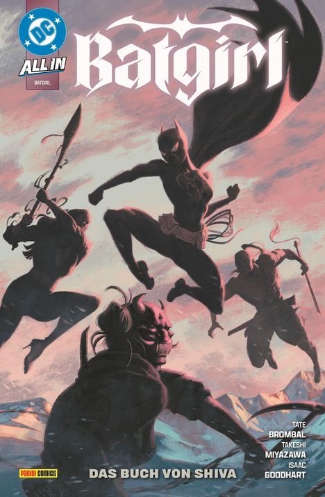 „Batgirl“ in großer Schrift, „Das Buch von Shiva“ unten. Vier Figuren kämpfen vor einem rosa-dunkelblauen Hintergrund.