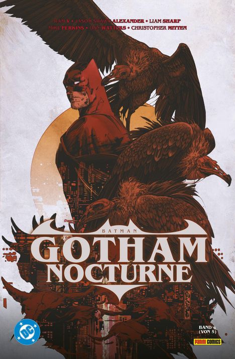 „Batman Gotham Nocturne“ in großer Schrift. Illustration mit Batman und Geiern. Darkes, dramatisches Design.