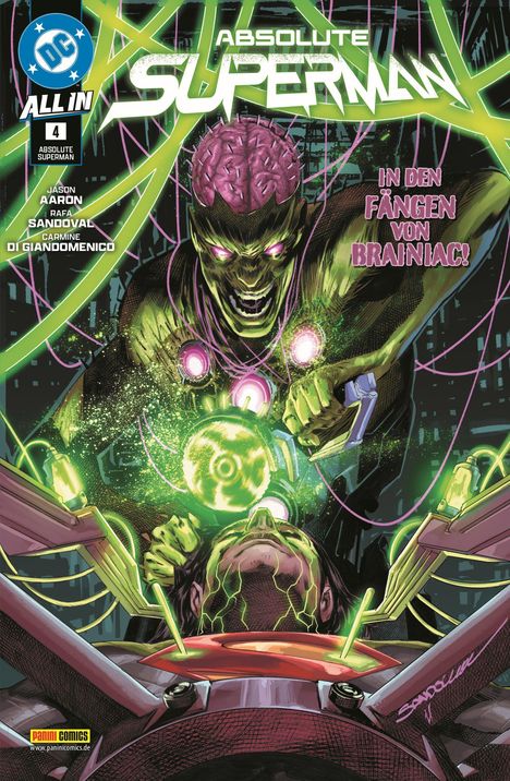 "Absolute Superman. In den Fängen von Brainiac! Illustration: Brainiac greift Superman an, umgeben von grüner Energie."