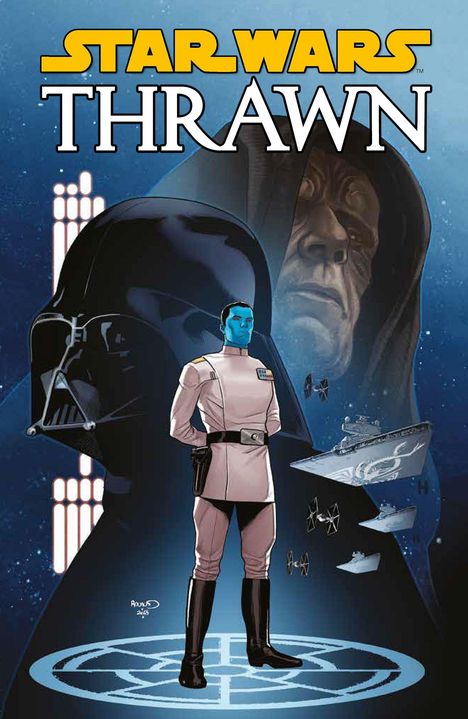 "Star Wars: Thrawn" in großen Buchstaben. Illustration eines Blauhäutigen in Uniform, im Hintergrund bekannte Figuren.