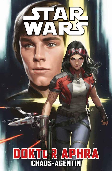 "Star Wars", "Doktor Aphra: Chaos-Agentin". Illustration mit Raumschiff, Frau mit Brille, Mann im Hintergrund.