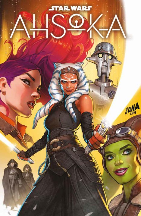 "Star Wars Ahsoka" ist der Titel. Eine Illustration mit Charakteren, darunter eine Frau mit weiß-blauen Montral und Lichtschwert.