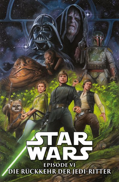 „STAR WARS EPISODE VI DIE RÜCKKEHR DER JEDI-RITTER“; eine Illustration mit bekannten Figuren in Weltraumkulisse.