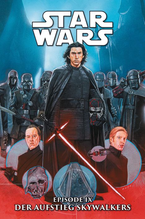 „STAR WARS: EPISODE IX DER AUFSTIEG SKYWALKERS“. Illustration von Kylo Ren mit Lichtschwert und Wachen im Hintergrund.