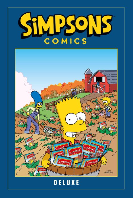 Oben: „Simpsons Comics“. Unten: „Deluxe“. Illustration: Bart in einem Feld voller Comic-Hefte, Marge und Lisa im Hintergrund.