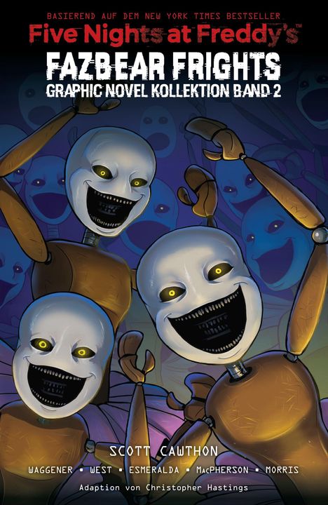 Titel: "Five Nights at Freddy's: Fazbear Frights Graphic Novel Kollektion Band 2". Fröhliche, puppenartige Figuren mit Holzarmen.