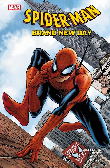 "SPIDER-MAN BRAND NEW DAY" in gelber Schrift. Illustration von Spider-Man an einer Gebäude-Fassade in der Stadt.
