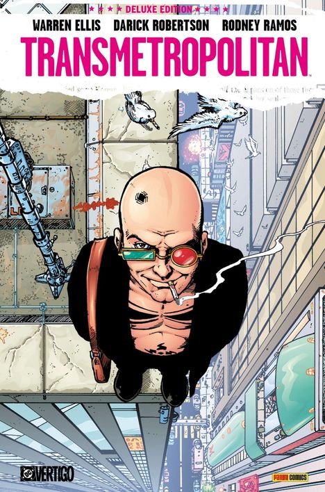 Oben "Deluxe Edition", "Warren Ellis", "Darick Robertson", "Rodney Ramos", "Transmetropolitan". Illustration: Glatzköpfiger Mann mit bunter Brille und Zigarette, Stadt im Hintergrund.