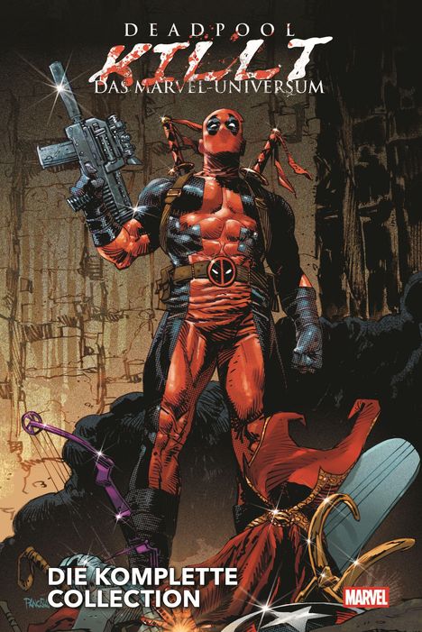 "Deadpool tötet das Marvel-Universum. Die komplette Collection." Illustration: Deadpool mit Waffen über Superhelden.