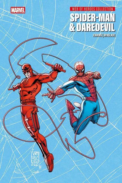 "SPIDER-MAN & DAREDEVIL" von Jenkins und Winslade. Zwei Superhelden in dynamischen Posen vor blauem Netz-Hintergrund.