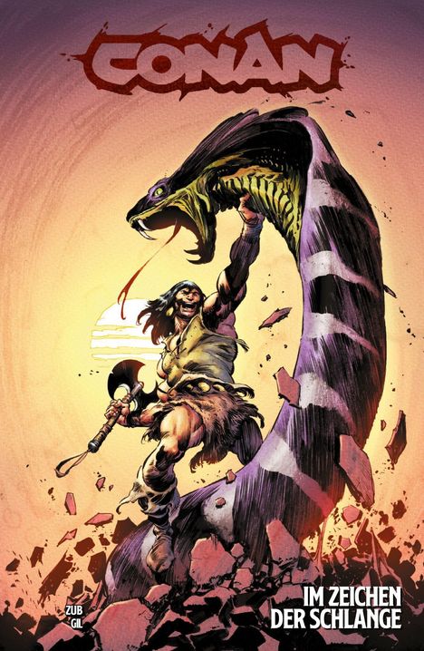 "CONAN" oben, "IM ZEICHEN DER SCHLANGE" unten. Illustration: Krieger kämpft gegen riesige Schlange in dramatischer Pose.