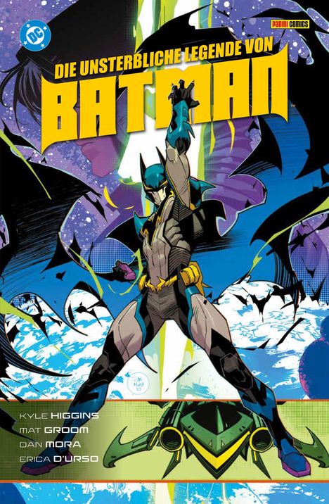 Text: "Die Unsterbliche Legende von Batman". Illustration: Batman in dynamischer Pose, umgeben von Fledermäusen.