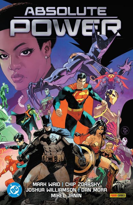 "ABSOLUTE POWER" oben, darunter Superhelden wie Batman, Superman und Wonder Woman in einer dynamischen Comic-Illustration.