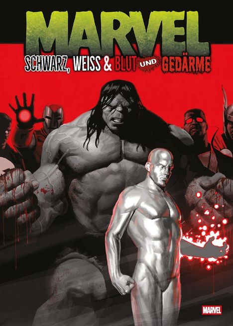 "Marvel: Schwarz, Weiß & Blut und Gedärme" in großer Schrift, kräftige, muskulöse Figuren in dramatischem Stil.