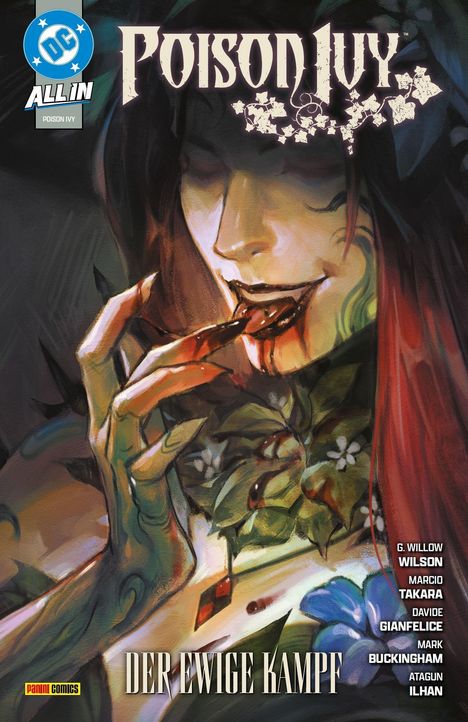 "Poison Ivy", "Der Ewige Kampf". Eine Frau mit grüner Haut, roten Haaren, von Pflanzen umrankt, berührt ihre Lippen.