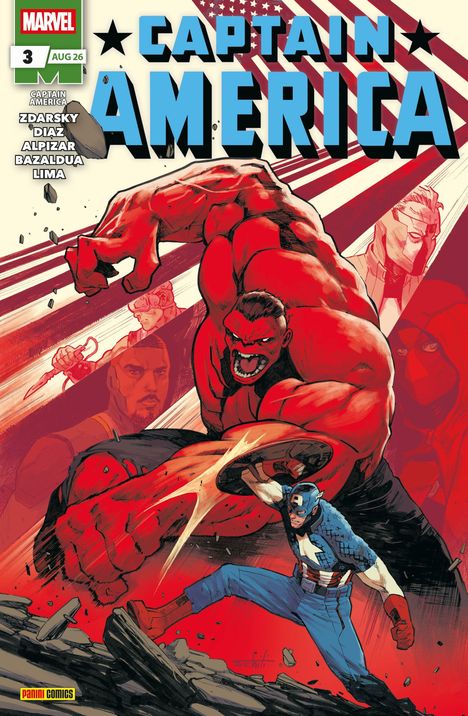 "Captain America", "Zdarsky, Diaz, Alpizar, Bazaldua, Lima". Illustration: Großer roter Charakter kämpft gegen Captain America.