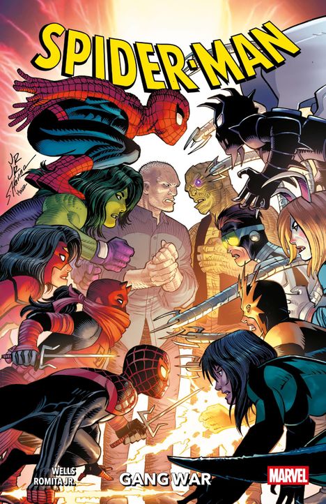 "SPIDER-MAN. GANG WAR. Verschiedene Superhelden stehen sich kämpferisch gegenüber, darunter Spider-Man und andere Figuren."