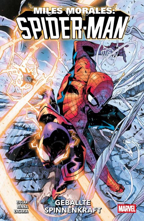 "Miles Morales: Spider-Man" steht oben, "Geballte Spinnenkraft" unten. Zwei Spider-Man-Figuren kämpfen. Comic-Stil.