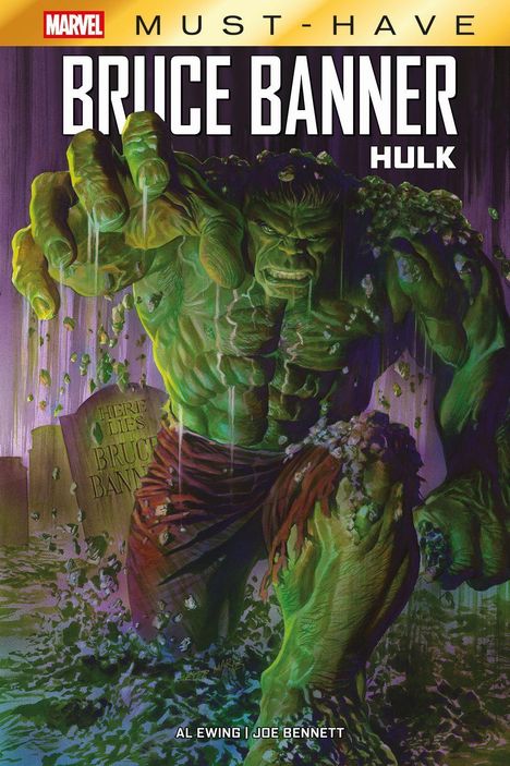 "Bruce Banner Hulk" steht groß. Ein grüner, muskulöser Hulk erhebt sich dramatisch aus einem Grab mit dem Spruch "Here lies Bruce Banner."