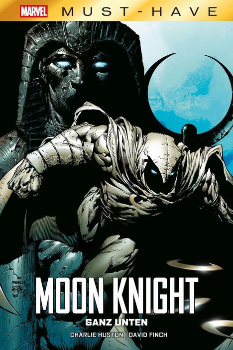 "MOON KNIGHT, GANZ UNTEN, CHARLIE HUSTON | DAVID FINCH" steht, begleitet von einer dunklen, mystischen Figur mit blau leuchtenden Augen.