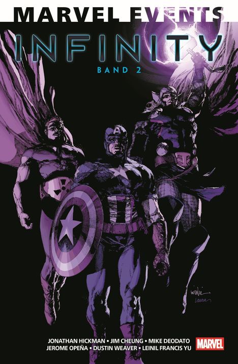 Titel: MARVEL EVENTS INFINITY BAND 2. Illustration mit drei Helden, in der Mitte ein Mann mit Schild.