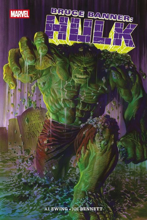 Texte: "Bruce Banner: Hulk", "Here Lies Bruce Banner", "Al Ewing", "Joe Bennett". Illustration zeigt Hulk aus einem Grab aufsteigend.