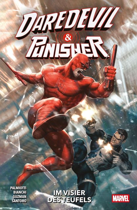 Titel: "Daredevil & Punisher". Unten: "Im Visier des Teufels". Daredevil kämpft mit Punisher in dynamischer Pose.