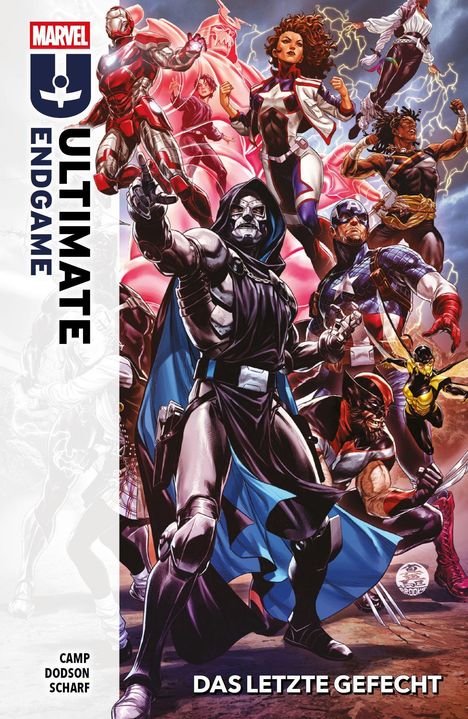 "ULTIMATE ENDGAME" und "DAS LETZTE GEFECHT" sind die Haupttexte. Eine dynamische, farbenfrohe Illustration von Superhelden.