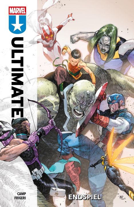 "ULTIMATE", "ENDSPIEL". Comic-Illustration von Helden in Aktion, dynamische Kampfszene mit prominenten Figuren.