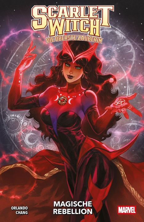 „Scarlet Witch: Die oberste Zauberin. Magische Rebellion. Orlando Chang.“ Illustration einer Frau in Rot mit magischen Symbolen.